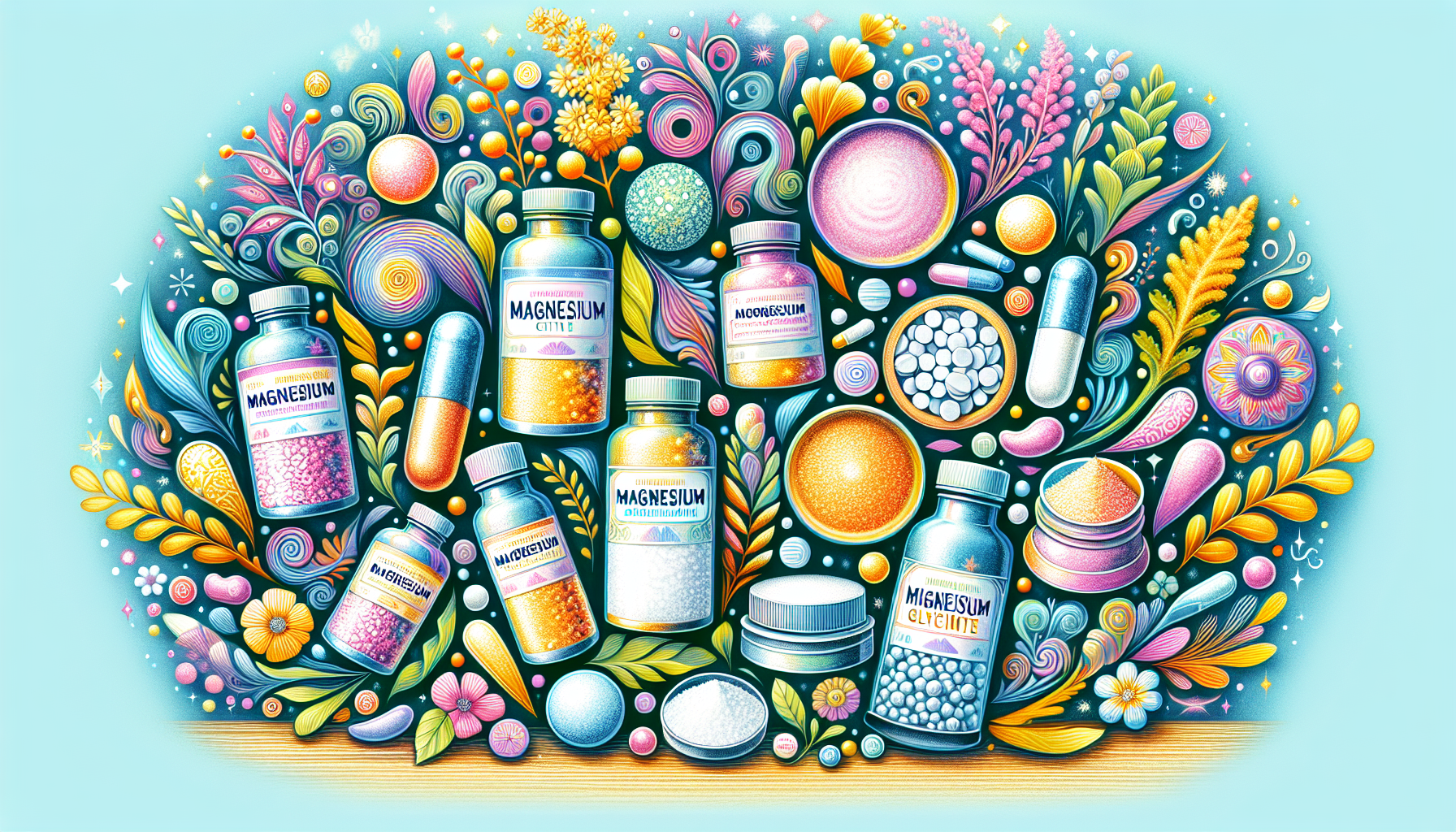 An illustration of various magnesium supplements including magnesium citrate and magnesium glycinate.